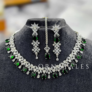 Emerald Green Diamond Cut Necklace Set featuring Imperial Drop Flora design with floral motifs and teardrop stones – Perfect for Bridal & Festive Look – Ornatales