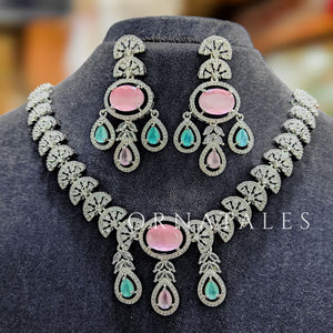 Pink and Mint Diamond Cut Necklace Set featuring Regal Drop Symphony design with oval stones and teardrop accents – Perfect for Bridal Look – Ornatales