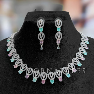 Pink & Mint Diamond Cut Necklace Set featuring spiral motifs with teardrop stones – Ornatales