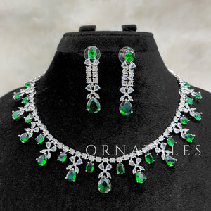 Emerald Green Diamond Cut Necklace Set featuring cascading teardrop stones and clustered diamond detailing – Ornatales