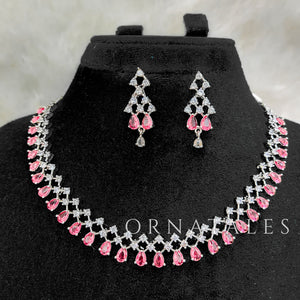 Magenta Diamond Cut Necklace Set featuring symmetrical teardrop stones with diamond cluster detailing – Perfect for evening & festive wear – Ornatales
