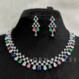 Multicolor Diamond Cut Necklace Set featuring Elegant Grace Drop design with symmetrical teardrop and diamond cluster motifs – Perfect for Bridal Look – Ornatales