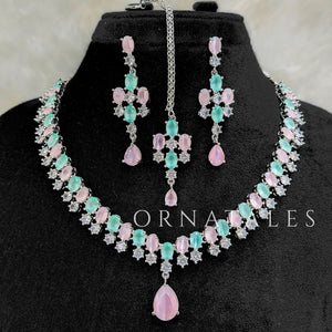 Pink & Mint Diamond Cut Chandelier Necklace Set with matching earrings and tikli – Ornatales