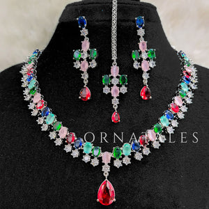 Multicolor Diamond Cut Chandelier Necklace Set with matching earrings and tikli – Ornatales