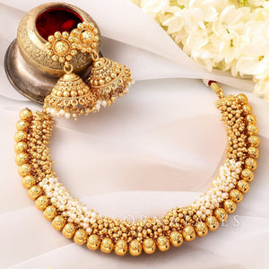 White Traditional Gajra Necklace Set featuring double-layer white micro pearls and golden ball beads.