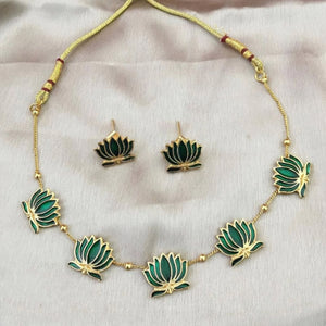 Padmavathi Blossom choker set with emerald green enamel lotus motif, gold link chain, and matching stud earrings in a traditional temple design.