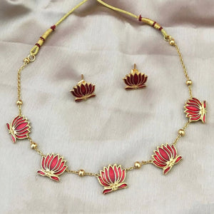 Padmavathi Blossom choker set with ruby red enamel lotus motif, gold link chain, and matching stud earrings in a regal temple design.