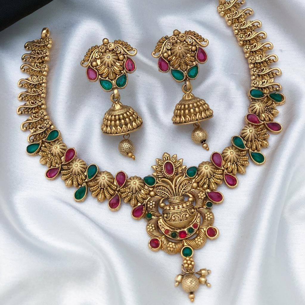 Heritage Temple Design Ruby Emerald Necklace Set – Antique Finish