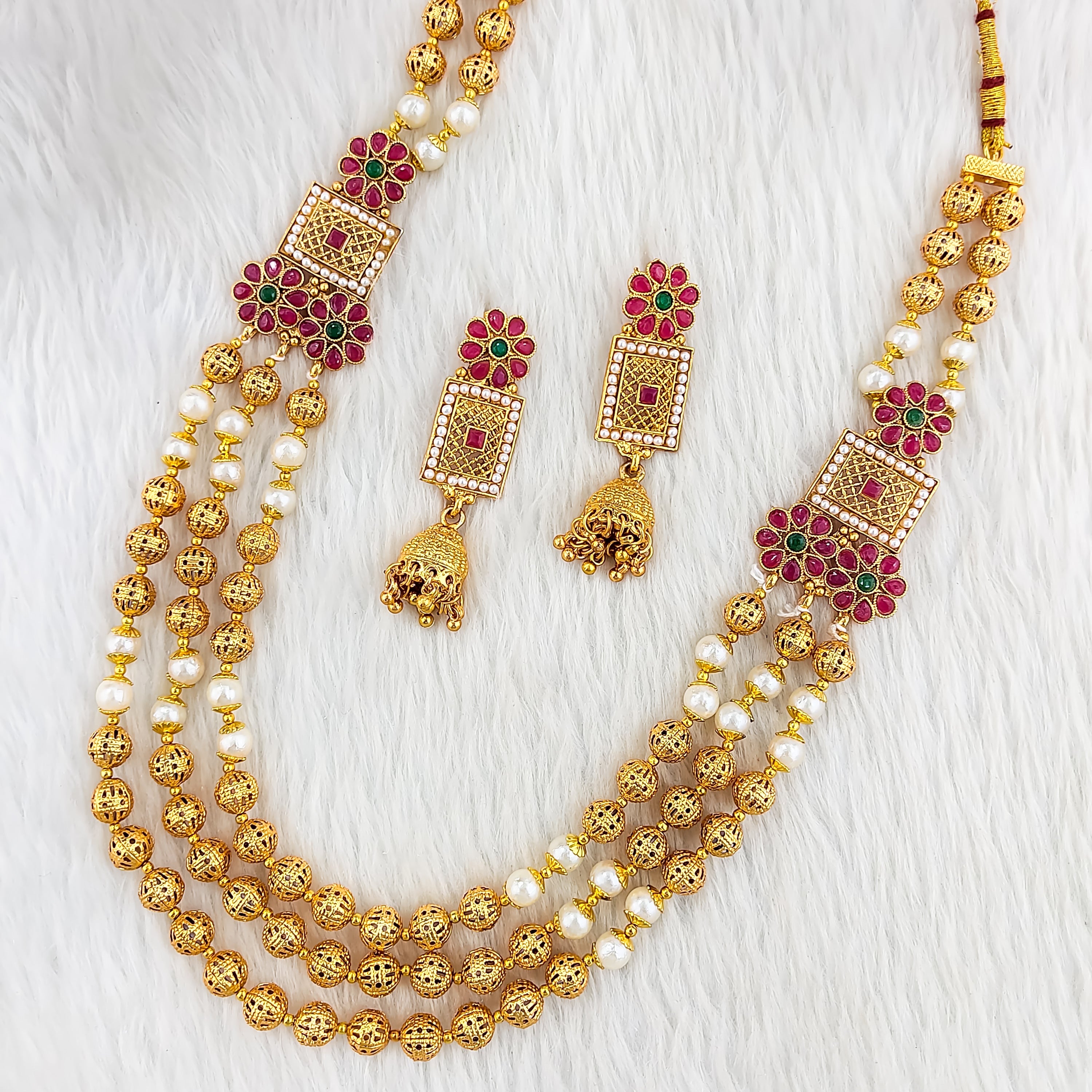 Pearl Cascade South Indian Sita Necklace Set – Matte Gold Finish