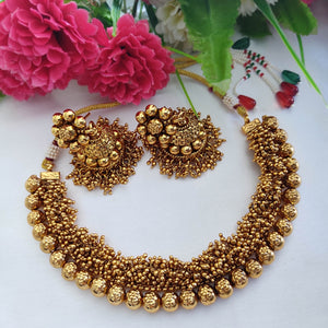 Golden Gajra necklace set handcrafted with layered golden ball beads in a traditional South Indian bridal style.