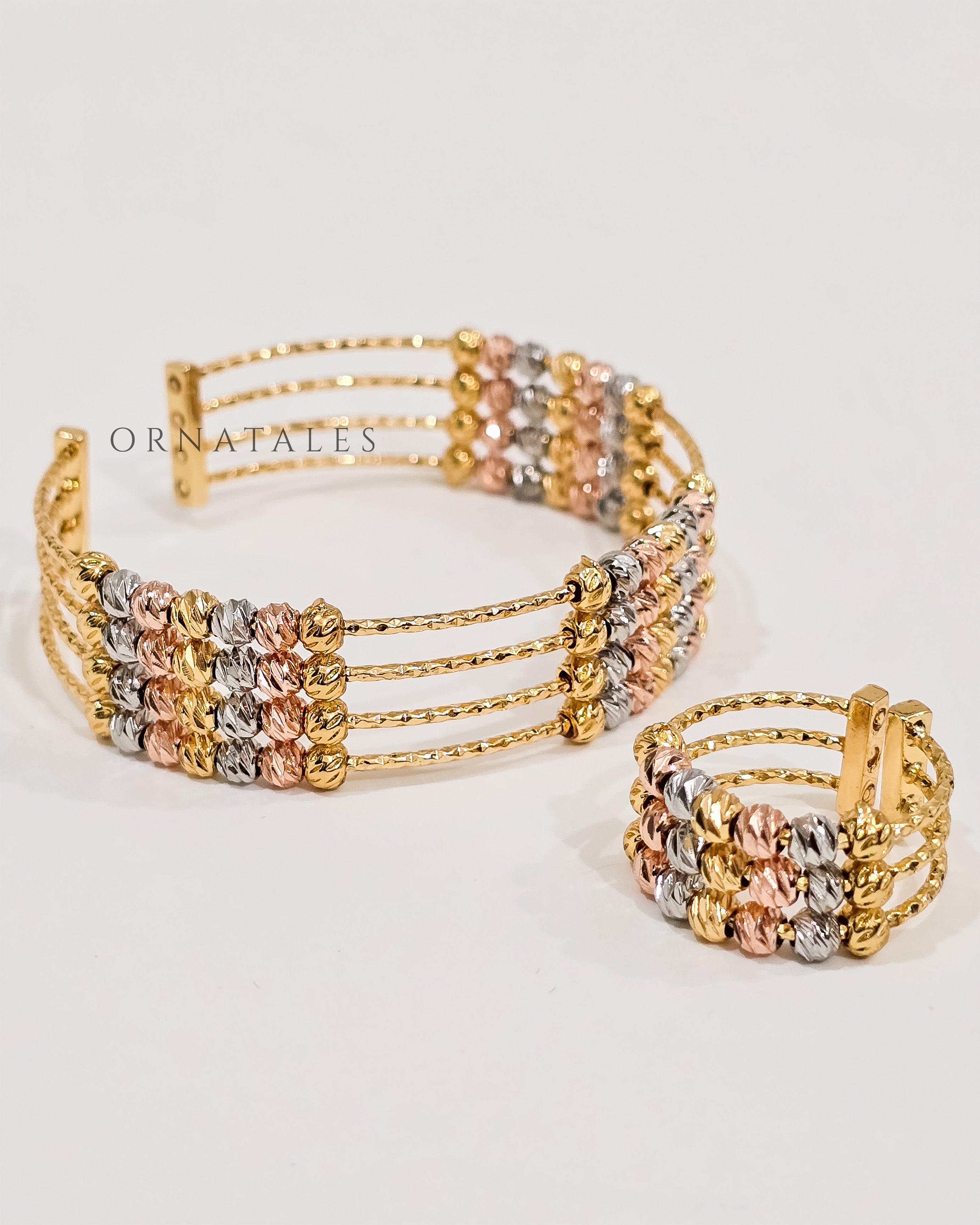Triple-Tone Beaded Bracelet & Ring Set – Dubai Gold Copy