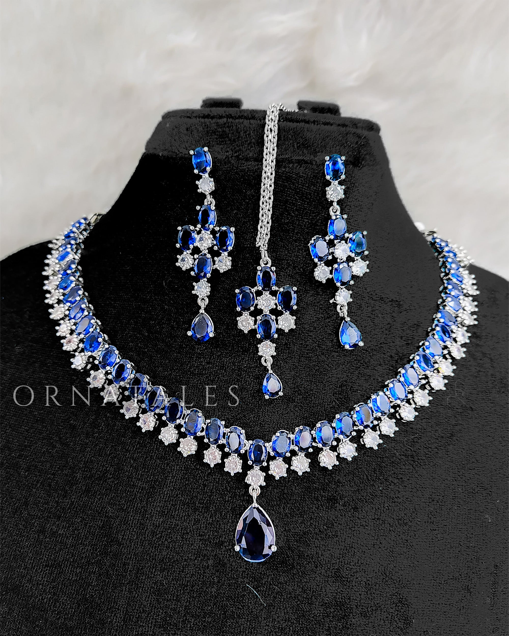 Royal Blue Diamond Cut Jewellery Set featuring Oval Cluster Necklace with Teardrop Pendant – Perfect for Bridal Look – Ornatales