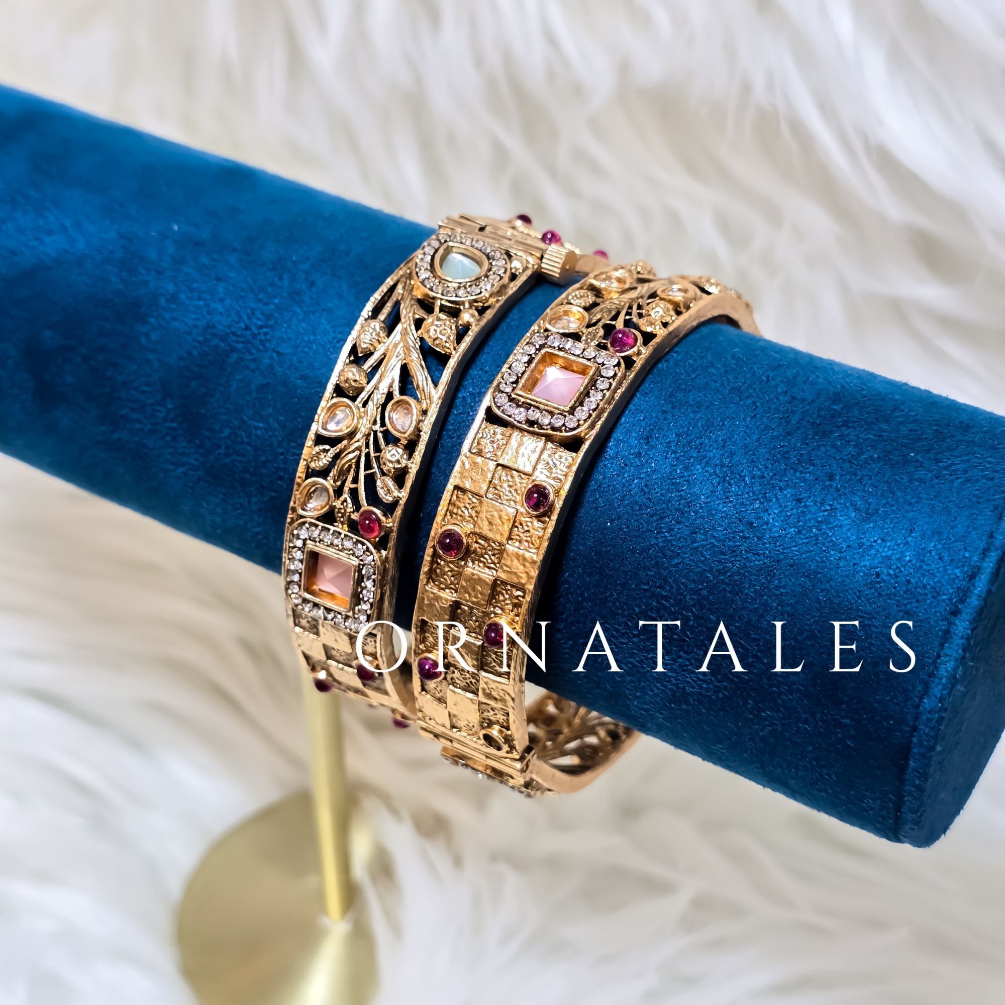Matte Gold South Indian Bangles with Ruby & Pastel Gemstone Inlay and Screw Clasp – Modern Royal Designer Style – Ornatales