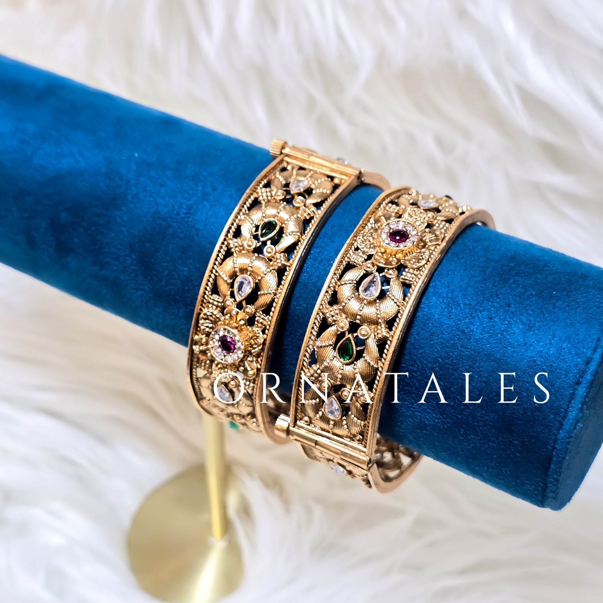 Matte Gold South Indian Bangles with Ruby, Emerald & White Stone Inlay – Screw Clasp Heritage Floral Design – Ornatales