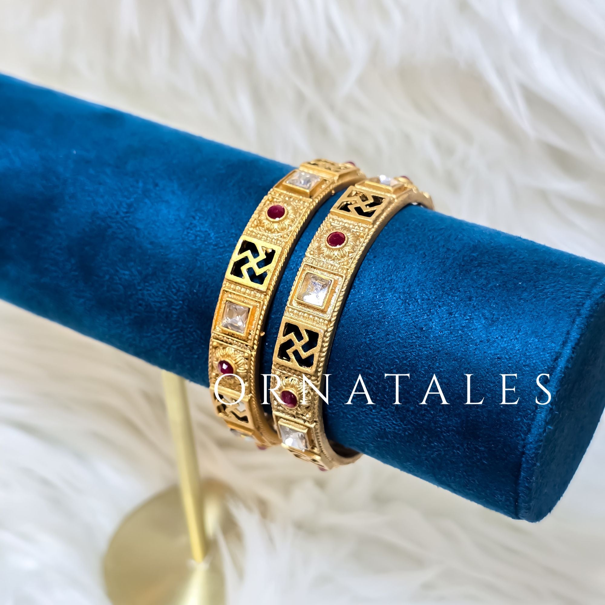 Matte Gold South Indian Bangles featuring Black Enamel & Ruby Stone Square Motifs – Royal Vintage Heritage Design – Ornatales