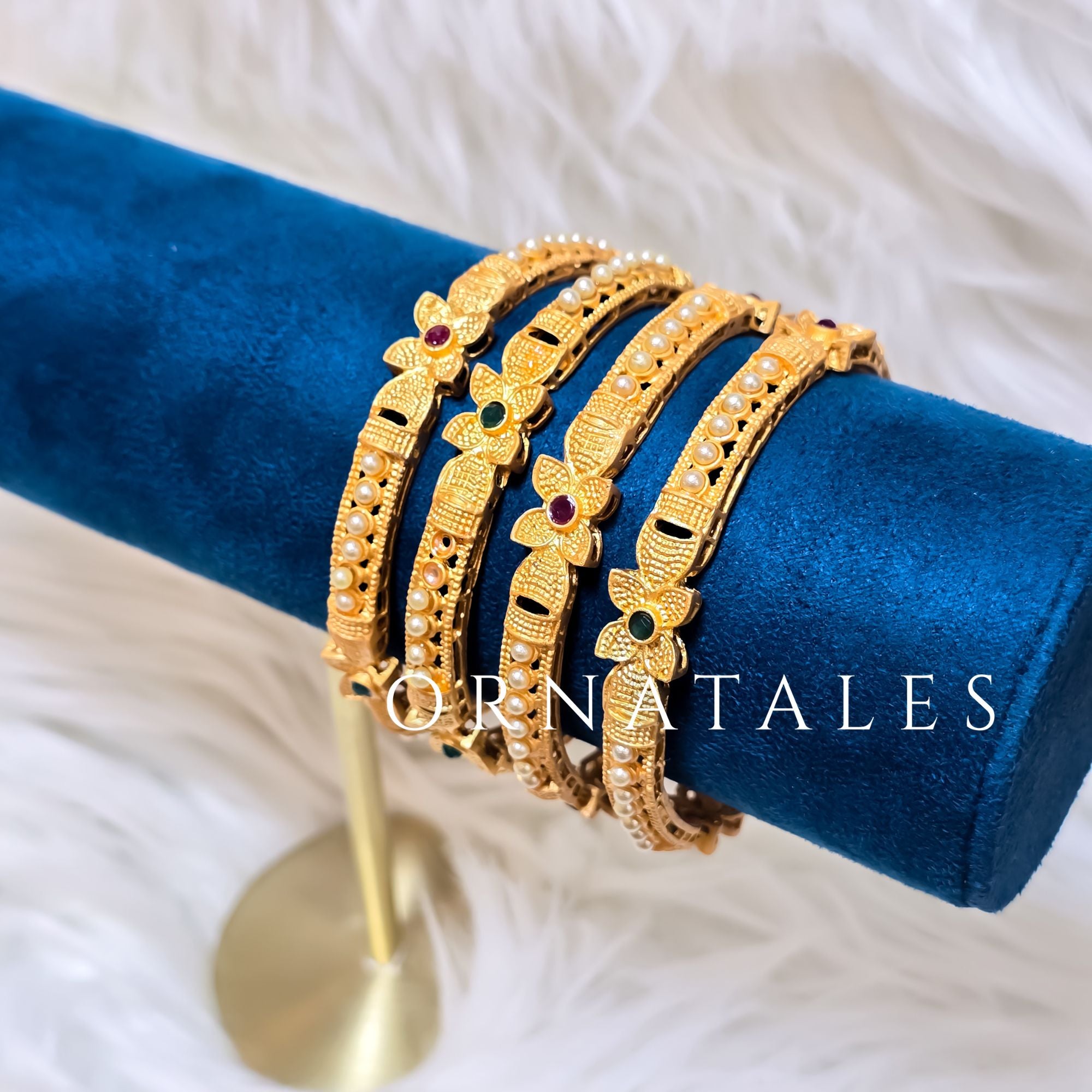 Matte Gold South Indian Bangles featuring Floral Motif with Ruby & Pearl Highlights – Perfect for Feminine & Festive Look – Ornatales