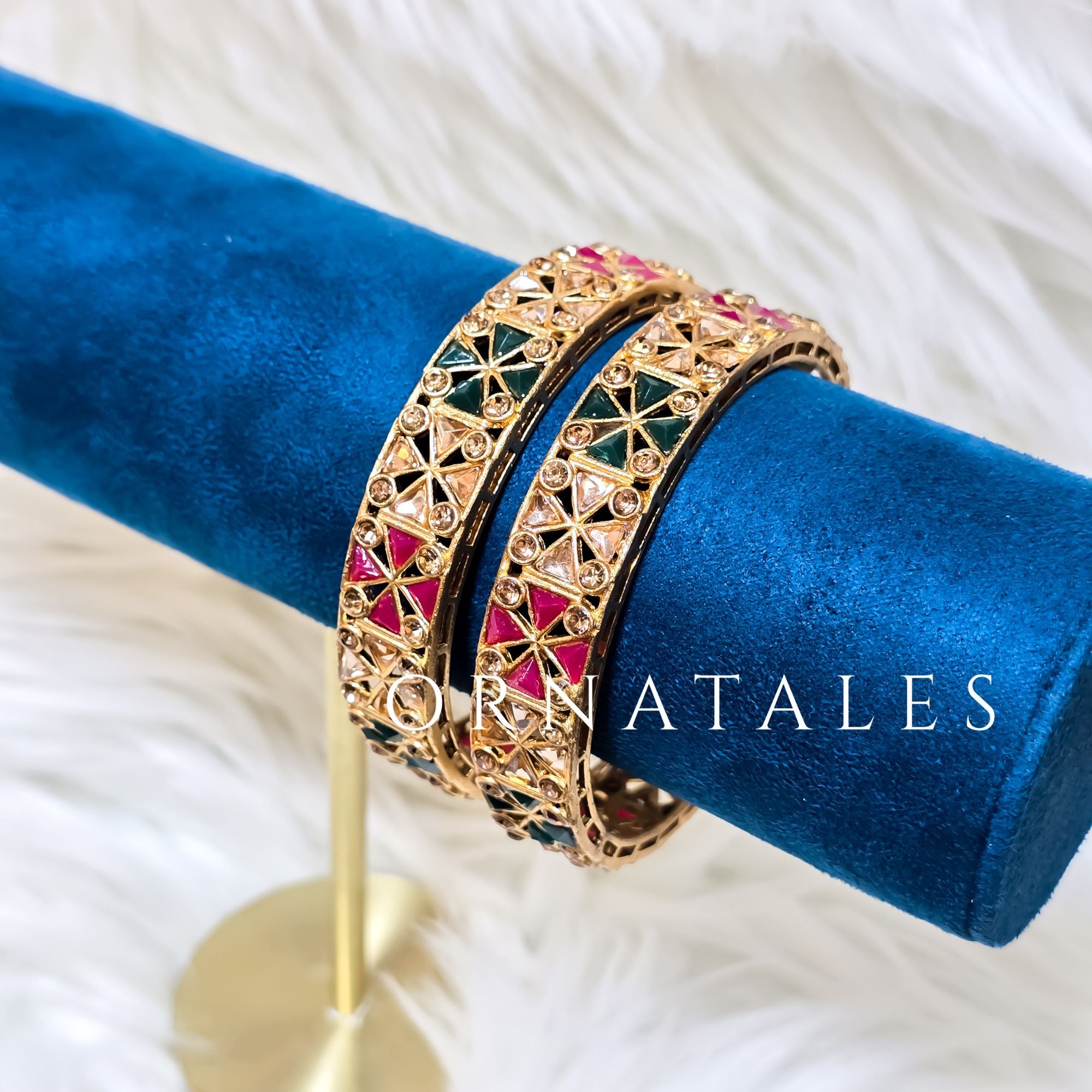 Matte Gold South Indian Bangles featuring Red & Green Enamel Mosaic Design – Perfect for Regal & Traditional Look – Ornatales