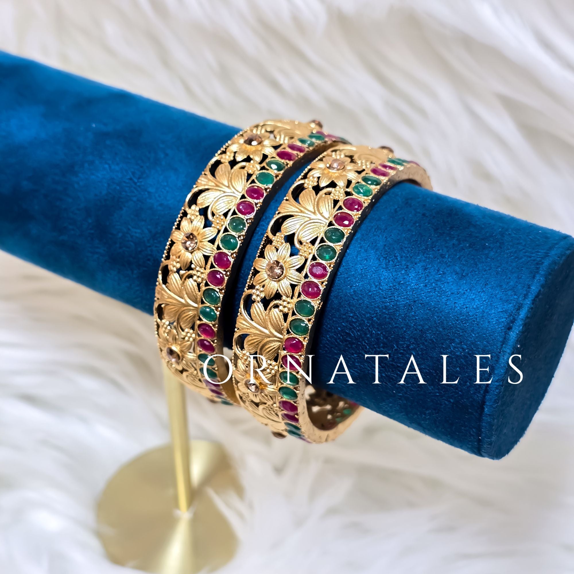 Matte Gold South Indian Bangles featuring Floral Motif with Ruby & Emerald Inlay – Perfect for Bridal & Festive Look – Ornatales