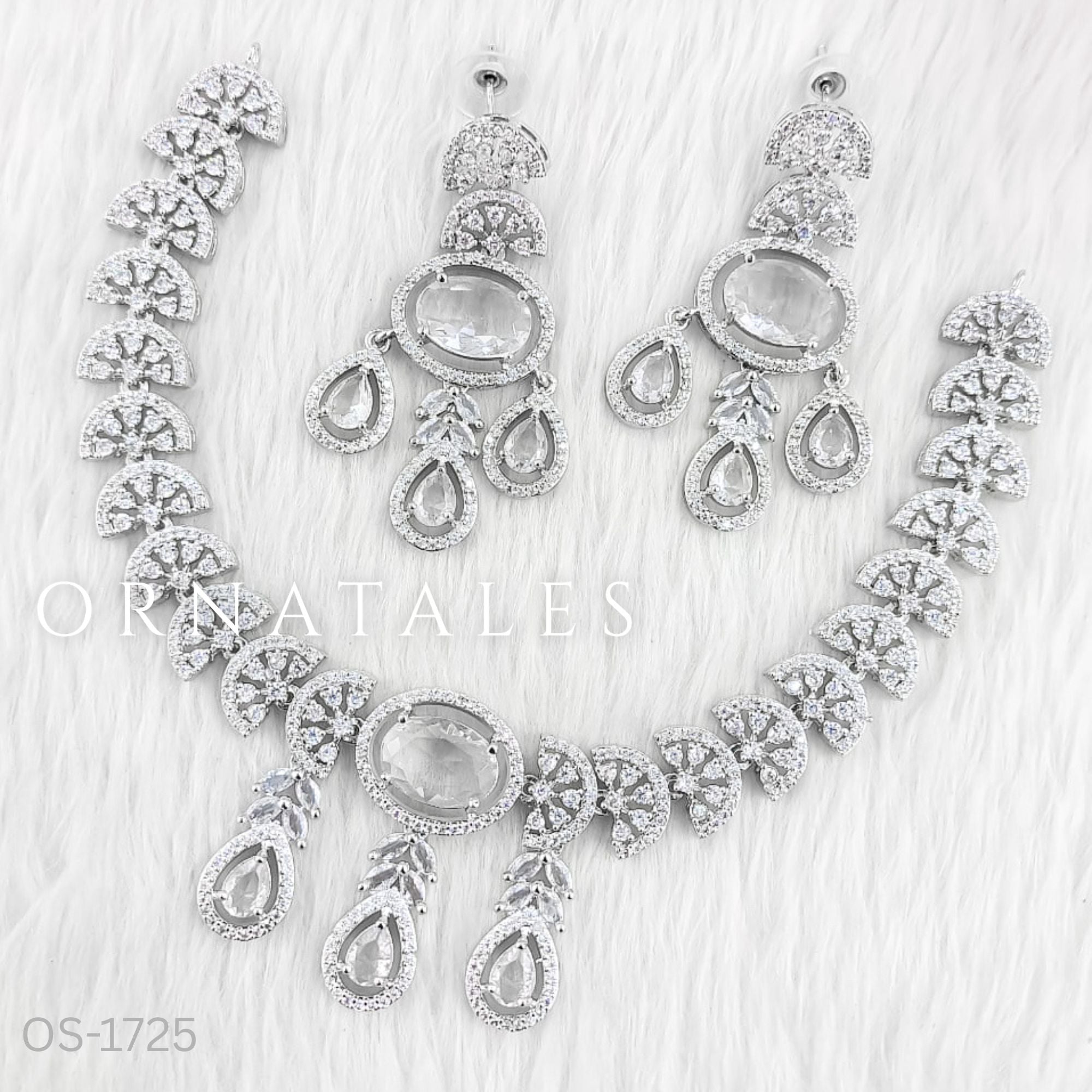 Crystal White Diamond Cut Necklace Set featuring Regal Drop Symphony design with cascading teardrop elements – Perfect for Bridal & Party Look – Ornatales