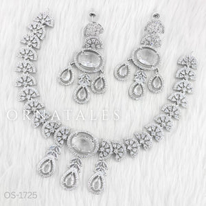Crystal White Diamond Cut Necklace Set featuring Regal Drop Symphony design with cascading teardrop elements – Perfect for Bridal & Party Look – Ornatales