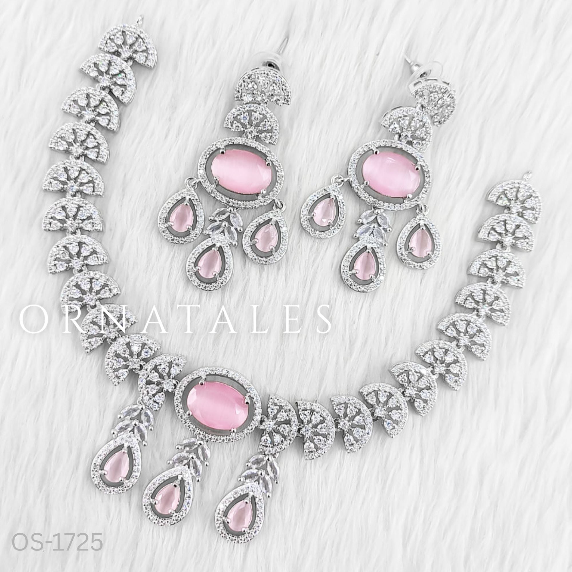 Pink Diamond Cut Necklace Set featuring Regal Drop Symphony design with teardrop and leaf motifs – Perfect for Bridal & Party Look – Ornatales