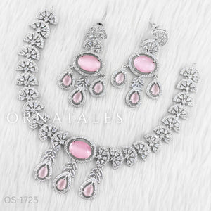 Pink Diamond Cut Necklace Set featuring Regal Drop Symphony design with teardrop and leaf motifs – Perfect for Bridal & Party Look – Ornatales