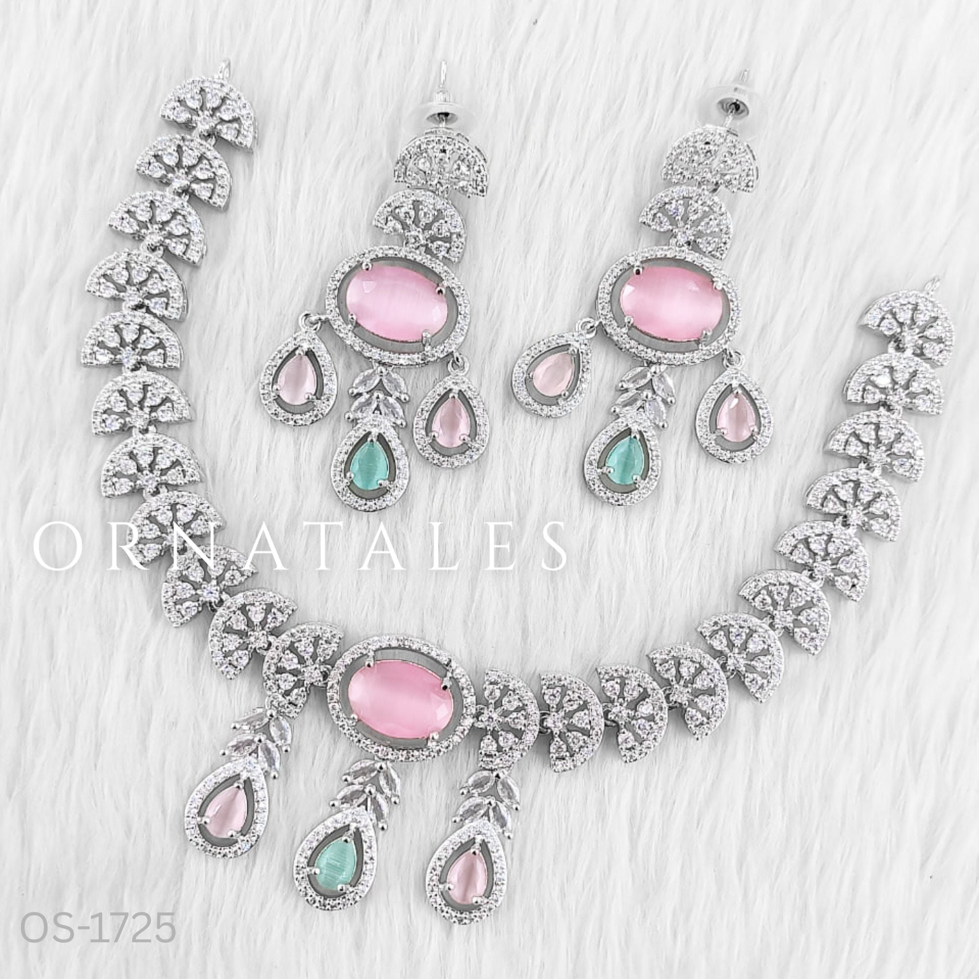 Pink and Mint Diamond Cut Necklace Set featuring Regal Drop Symphony design with oval stones and teardrop accents – Perfect for Bridal Look – Ornatales