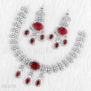 Ruby Red Diamond Cut Necklace Set featuring Regal Drop Symphony design with oval stones and teardrop accents – Perfect for Bridal Look – Ornatales