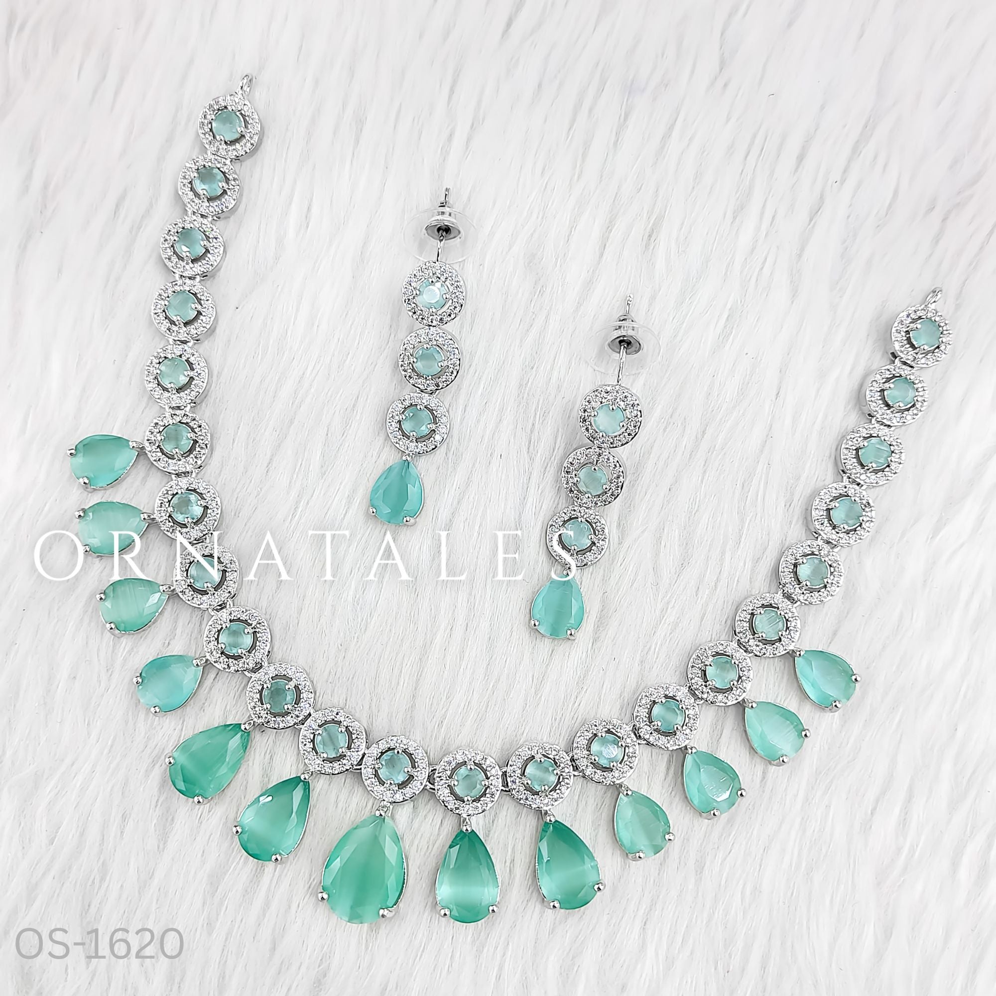 Mint Diamond Cut Necklace Set featuring Crystal Aura design with teardrop stones and round halo frames – Perfect for Bridal Look – Ornatales