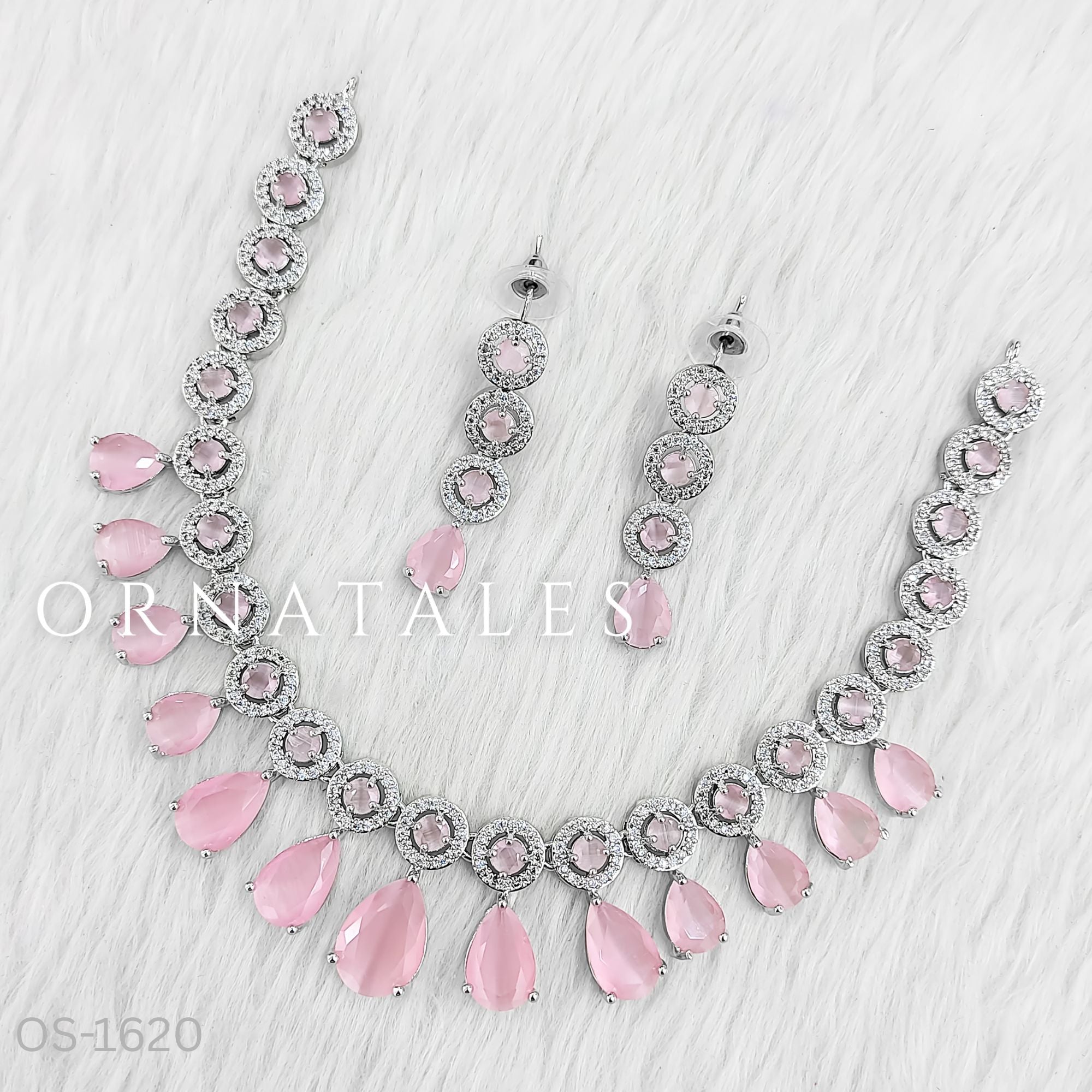 Pink Diamond Cut Necklace Set featuring Crystal Aura design with teardrop stones and halo frames – Perfect for Bridal Look – Ornatales