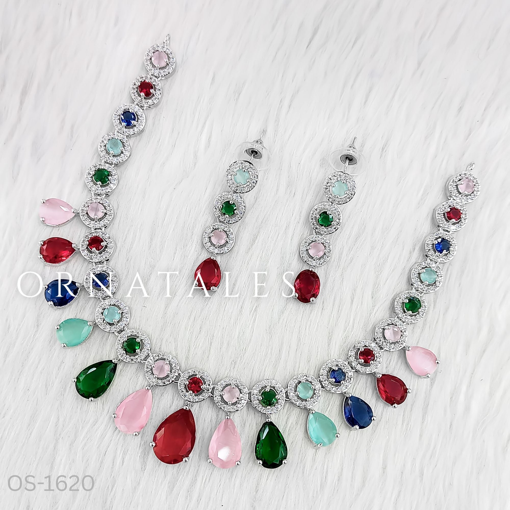 Multicolor Diamond Cut Necklace Set featuring Crystal Aura Teardrop design with pink, ruby, emerald, blue & mint stones – Perfect for Bridal Look – Ornatales