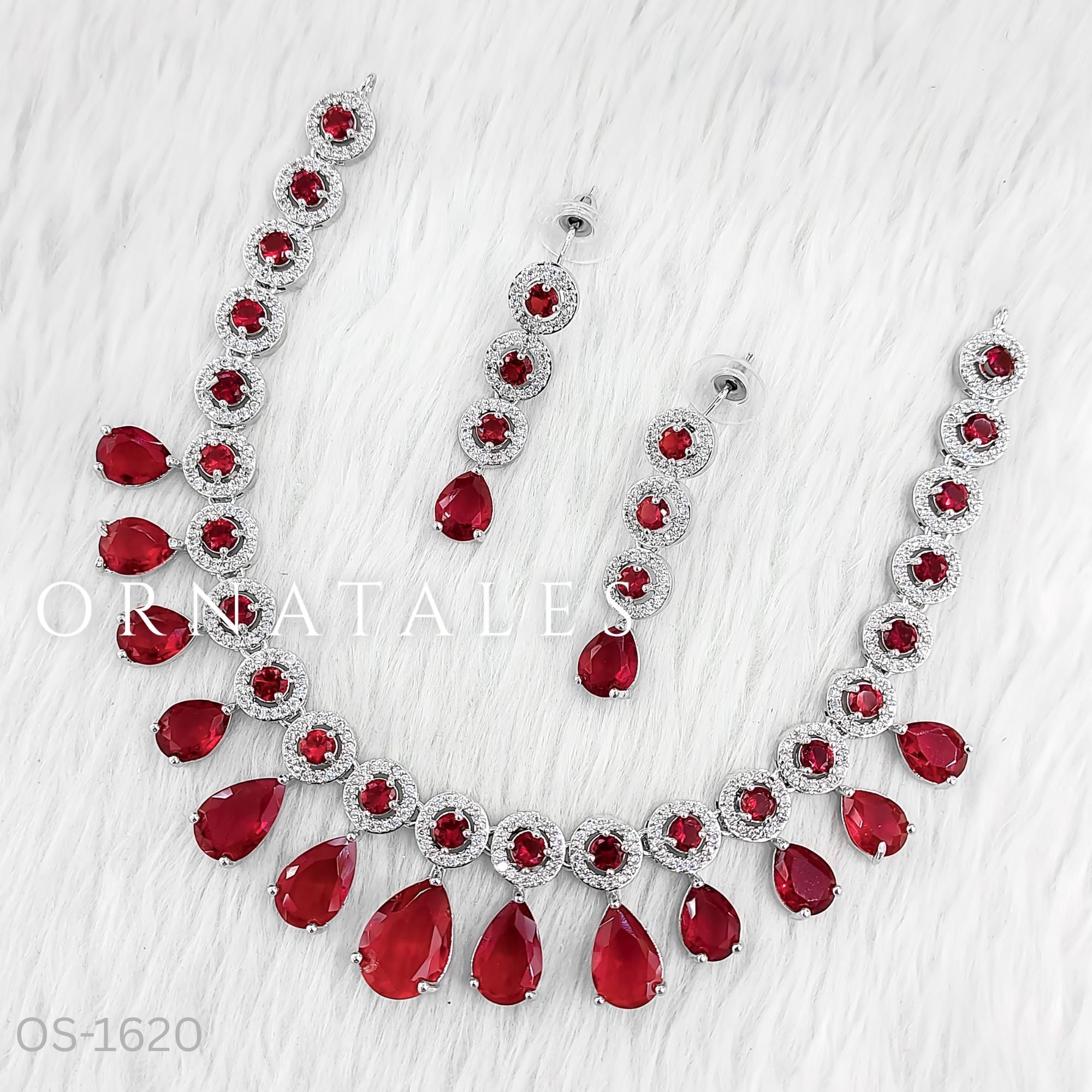 Ruby Red Diamond Cut Necklace Set featuring Crystal Aura Teardrop design with halo frames – Perfect for Bridal Look – Ornatales