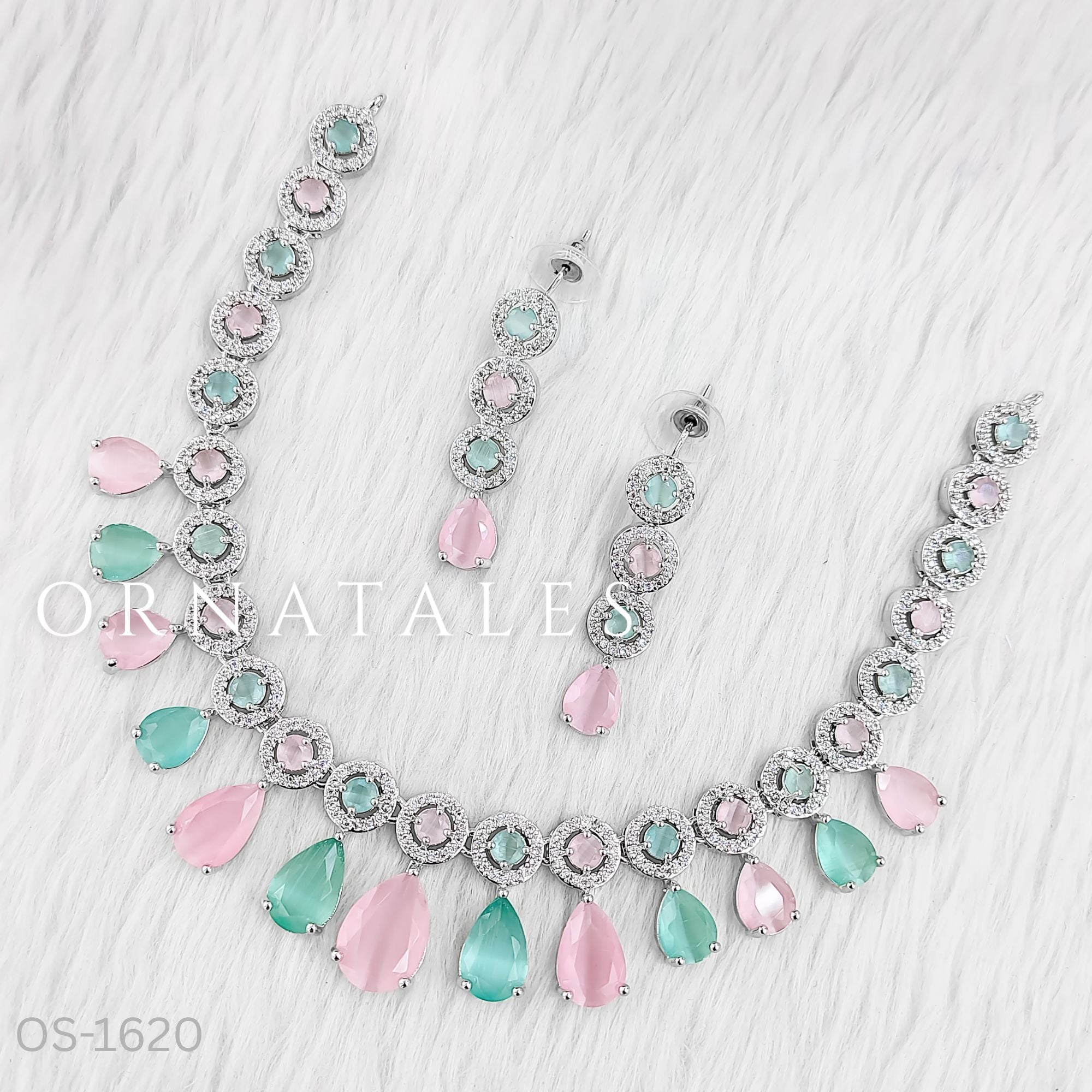 Pink & Mint Diamond Cut Necklace Set featuring Crystal Aura Teardrop design with teardrop stones and halo frames – Perfect for Bridal Look – Ornatales