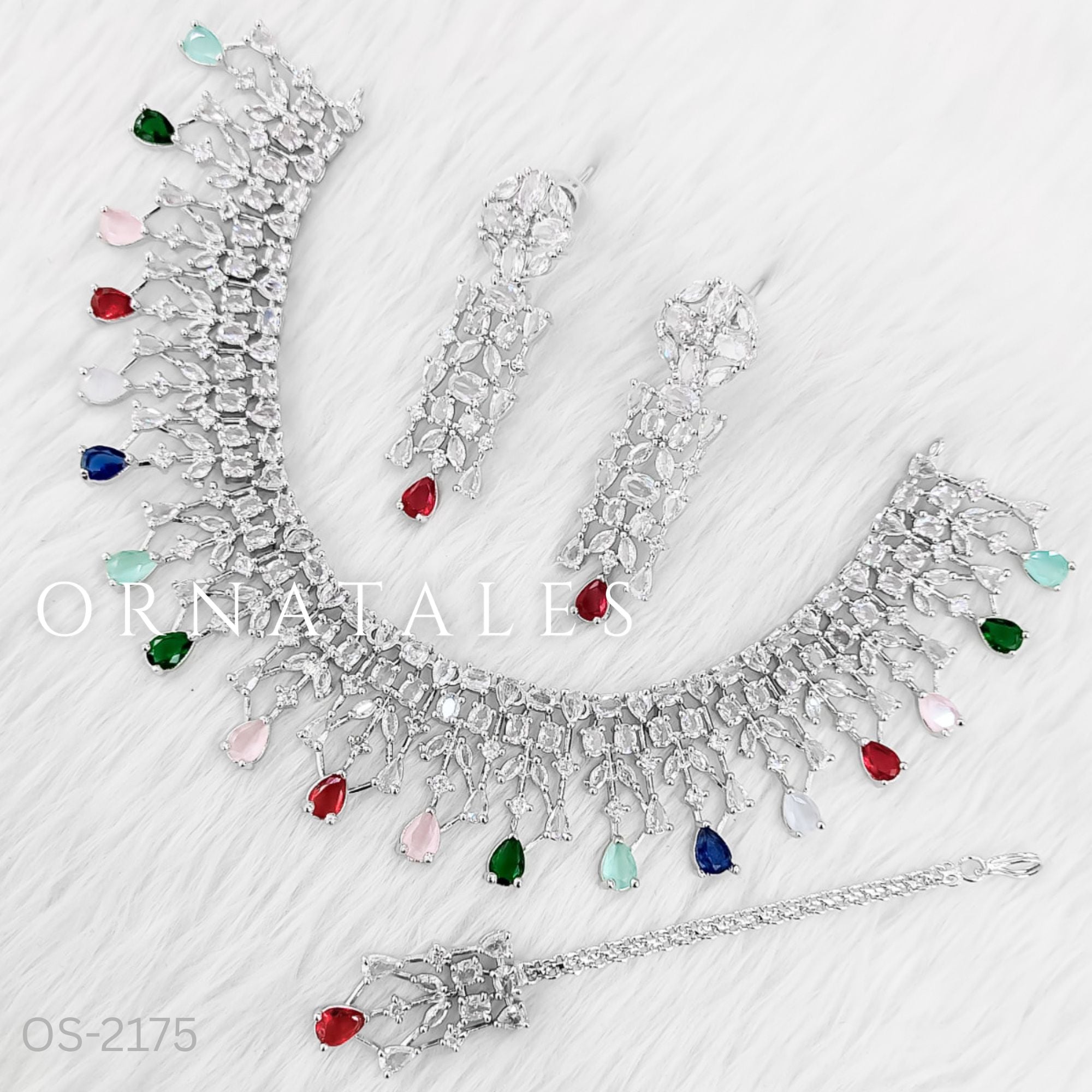 Multicolor Diamond Cut Necklace Set featuring Royal Cascade Layered design with baguette, marquise, and teardrop stones – Perfect for Bridal Look – Ornatales