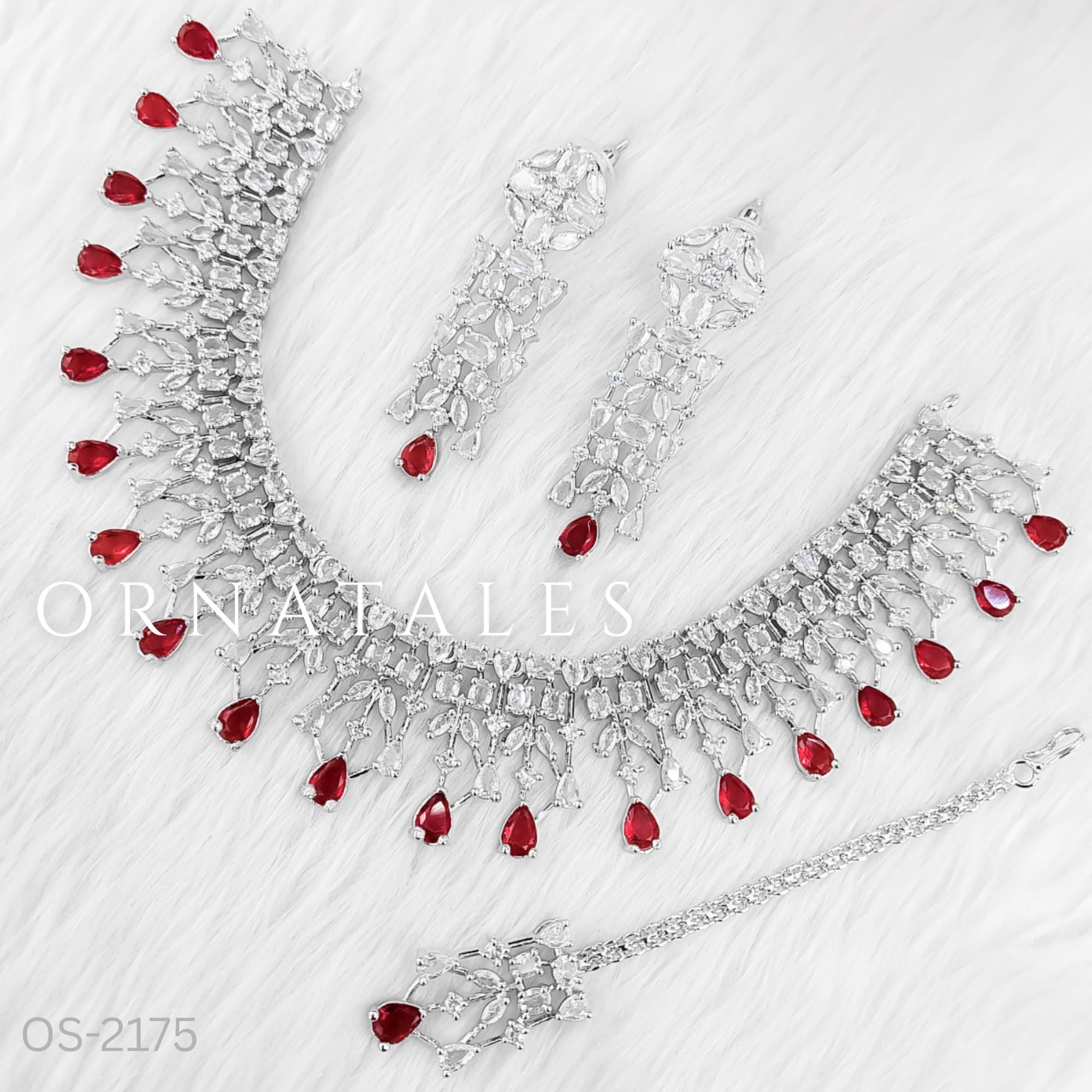 Ruby Red Diamond Cut Necklace Set featuring Royal Cascade Layered design with baguette, marquise, and teardrop stones – Perfect for Bridal Look – Ornatales