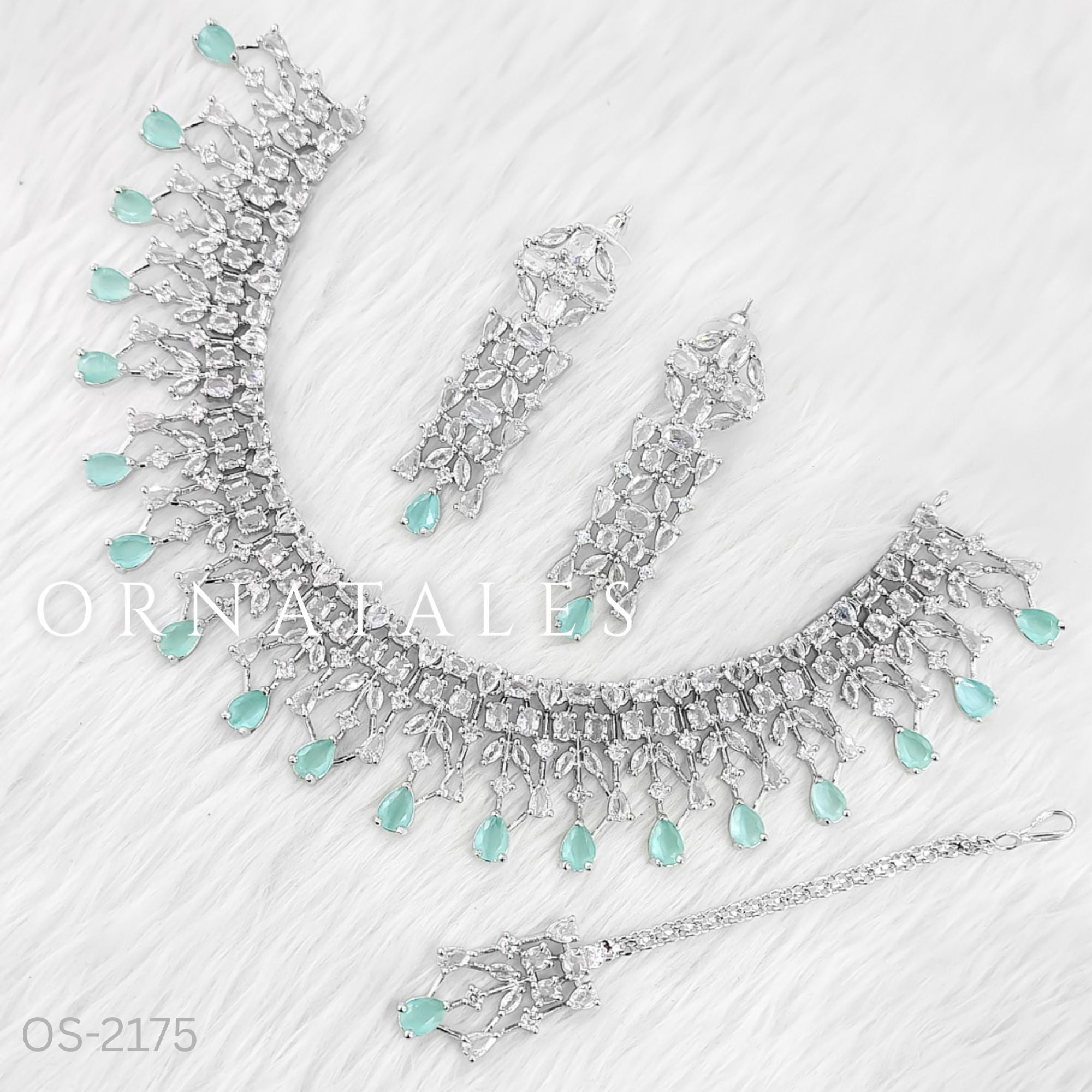 Mint Diamond Cut Necklace Set featuring Royal Cascade Layered design with baguette, marquise, and teardrop stones – Perfect for Bridal Look – Ornatales