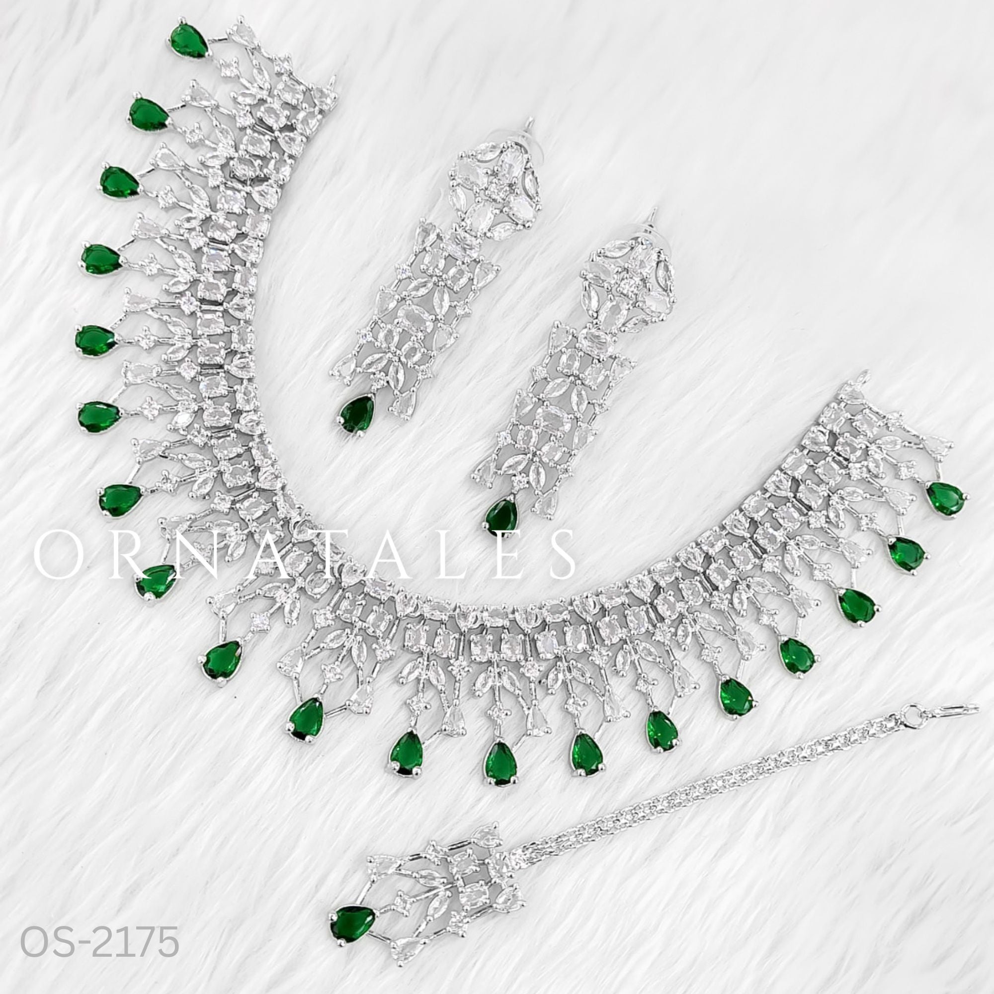 Emerald Green Diamond Cut Necklace Set featuring Royal Cascade Layered design with baguette, marquise, and teardrop stones – Perfect for Bridal Look – Ornatales