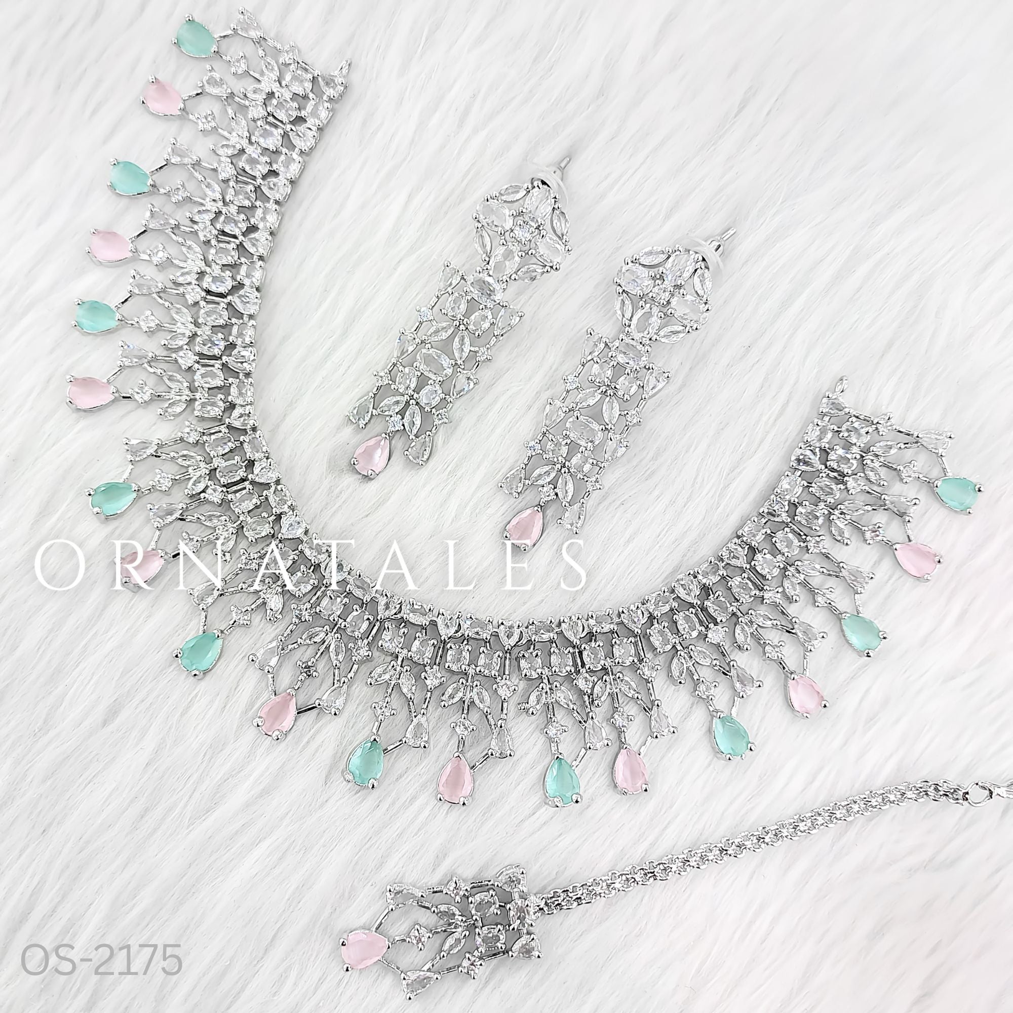 Pink & Mint Diamond Cut Necklace Set featuring Royal Cascade Layered design with baguette, marquise, and teardrop stones – Perfect for Bridal Look – Ornatales