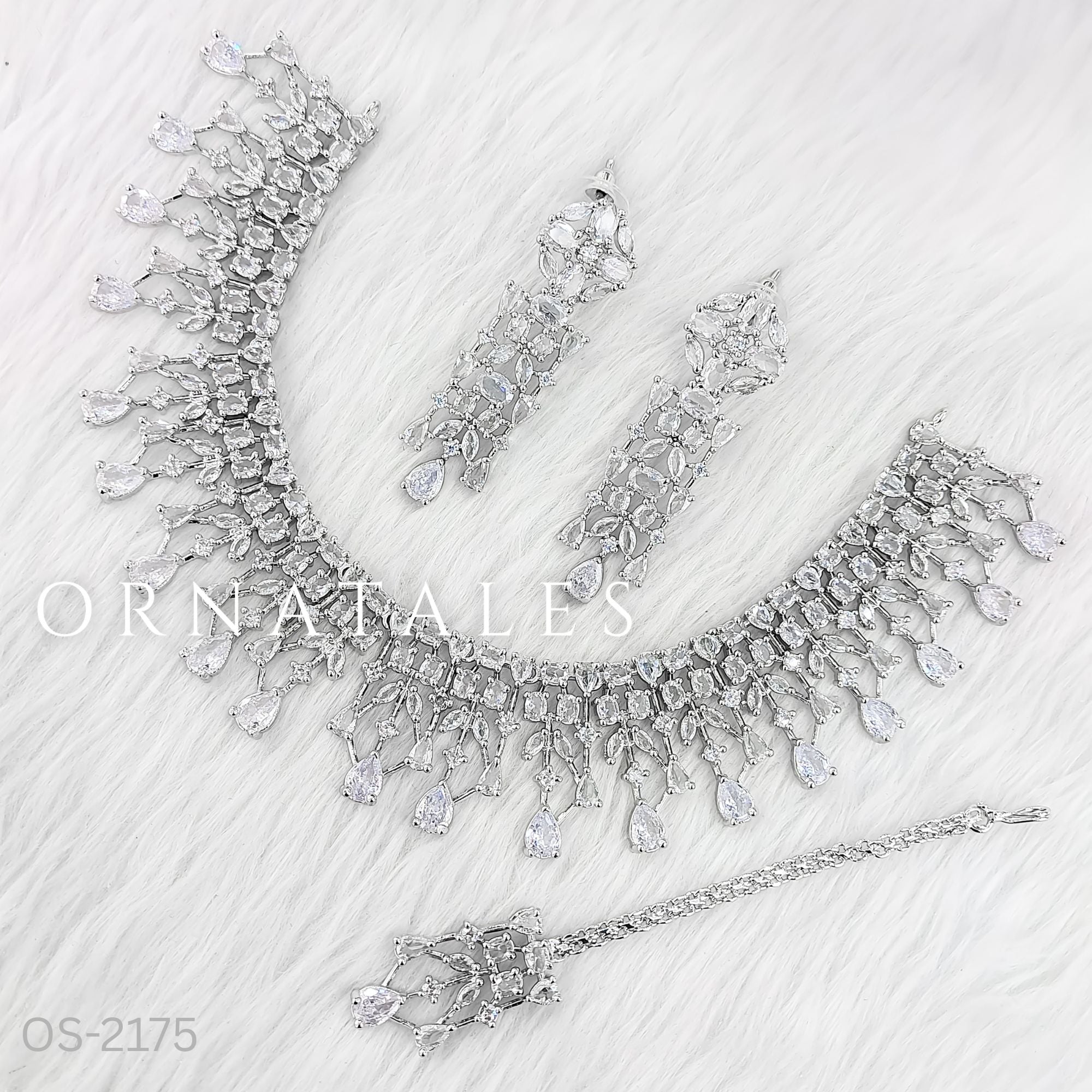 Crystal White Diamond Cut Necklace Set featuring Royal Cascade Layered design with baguette, marquise, and teardrop stones – Perfect for Bridal Look – Ornatales