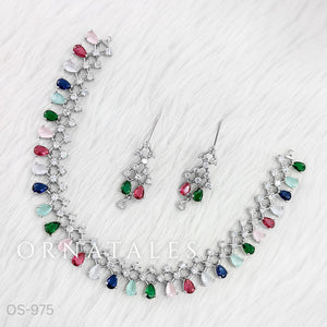 Multicolor Diamond Cut Necklace Set featuring Elegant Grace Drop design with symmetrical teardrop and diamond cluster motifs – Perfect for Bridal Look – Ornatales