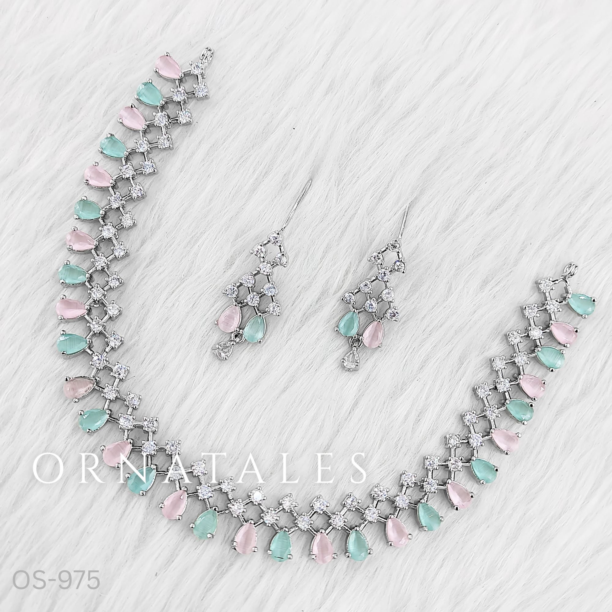 Elegant Grace Drop – Pink & Mint Diamond Cut Necklace Set