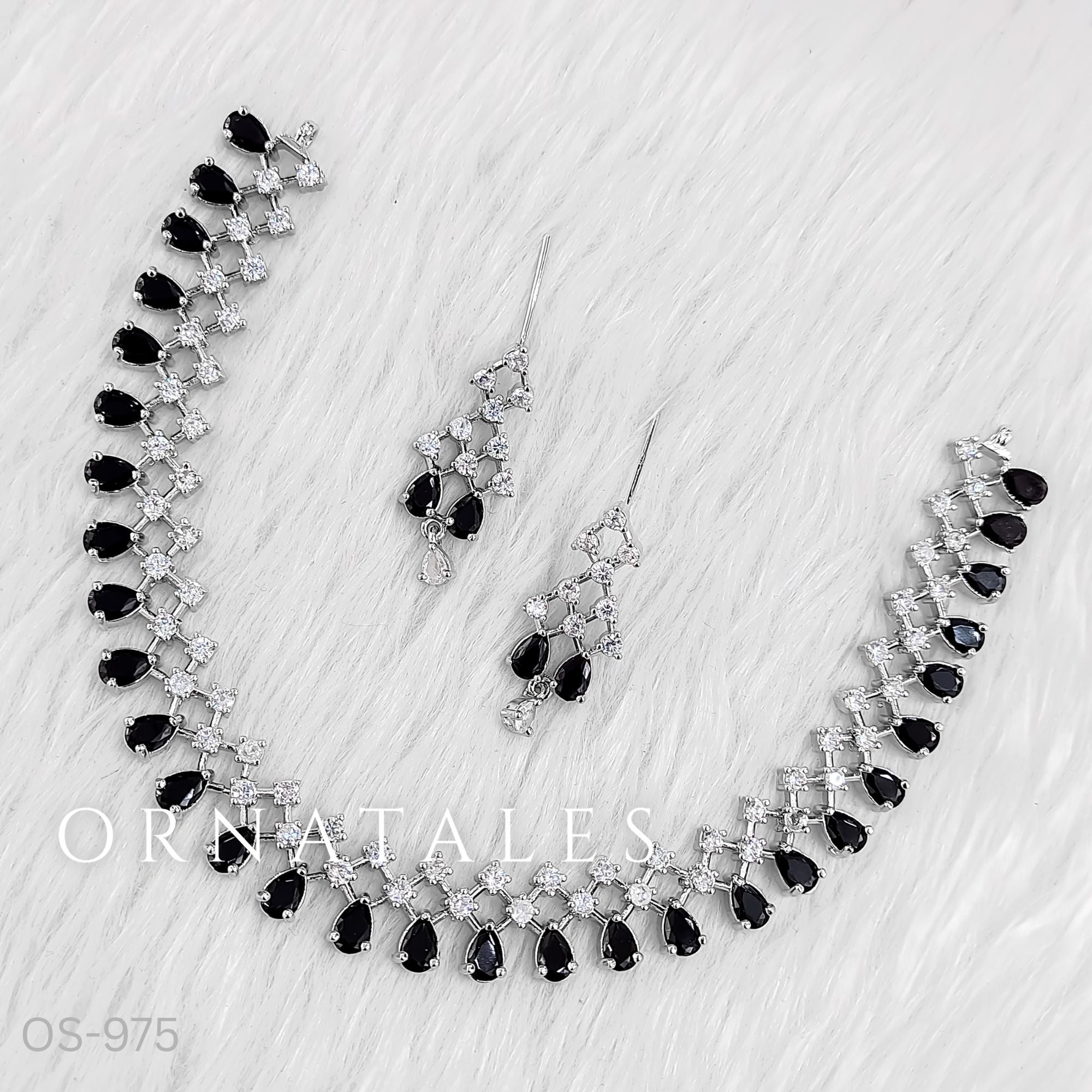 Black Diamond Cut Necklace Set featuring symmetrical teardrop stones with diamond cluster detailing – Perfect for evening & festive wear – Ornatales