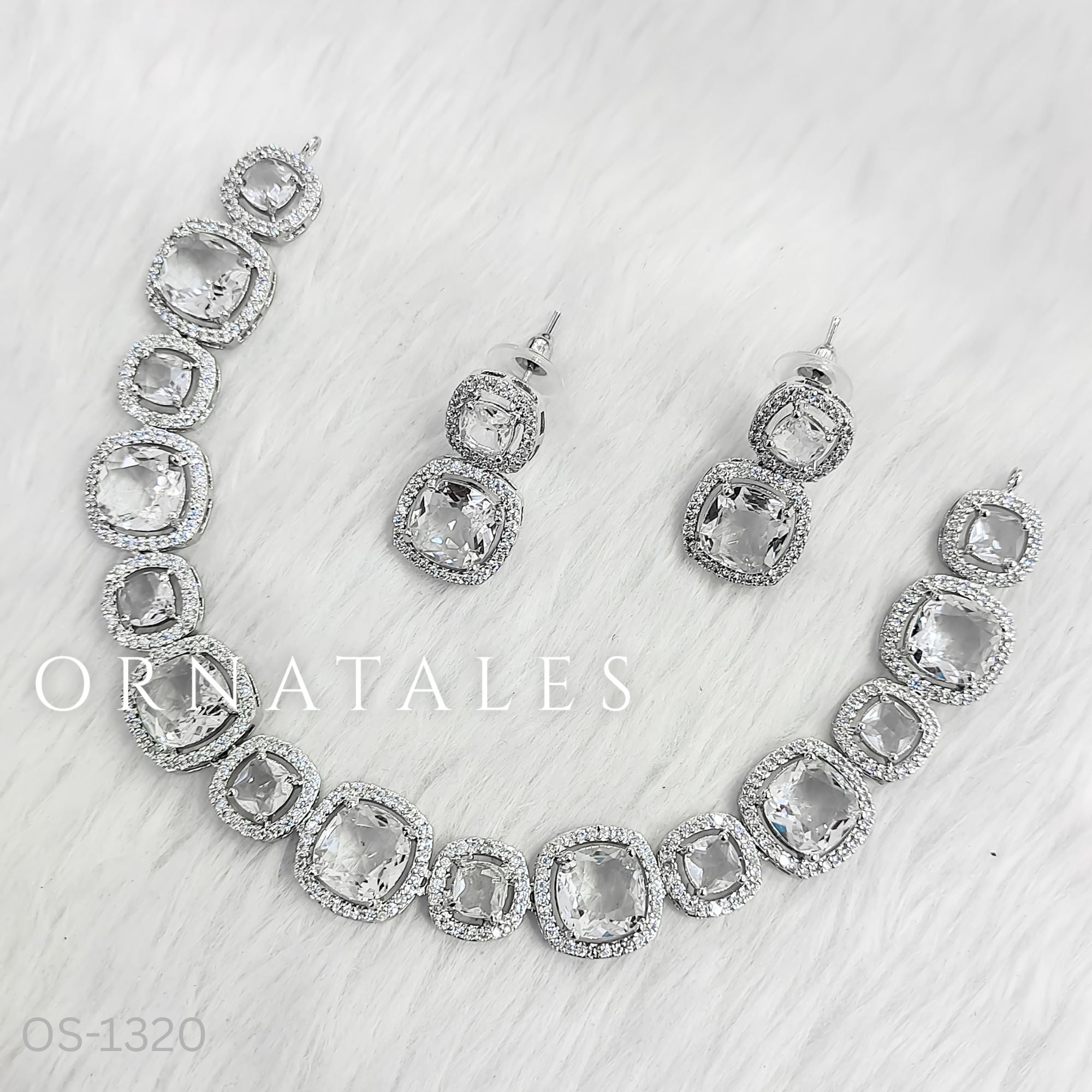 Crystal White Diamond Cut Necklace Set featuring Royal Cushion Glow design with square cushion stones and diamond halo accents – Perfect for Bridal Look – Ornatales