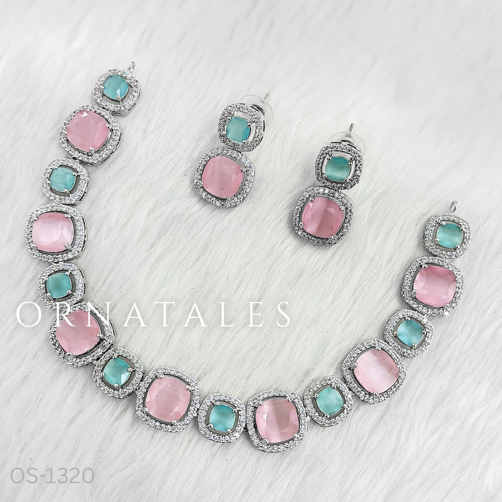 Pink & Mint Diamond Cut Necklace Set featuring Royal Cushion Glow design with cushion-cut stones and diamond halos – Perfect for Bridal & Festive Look – Ornatales