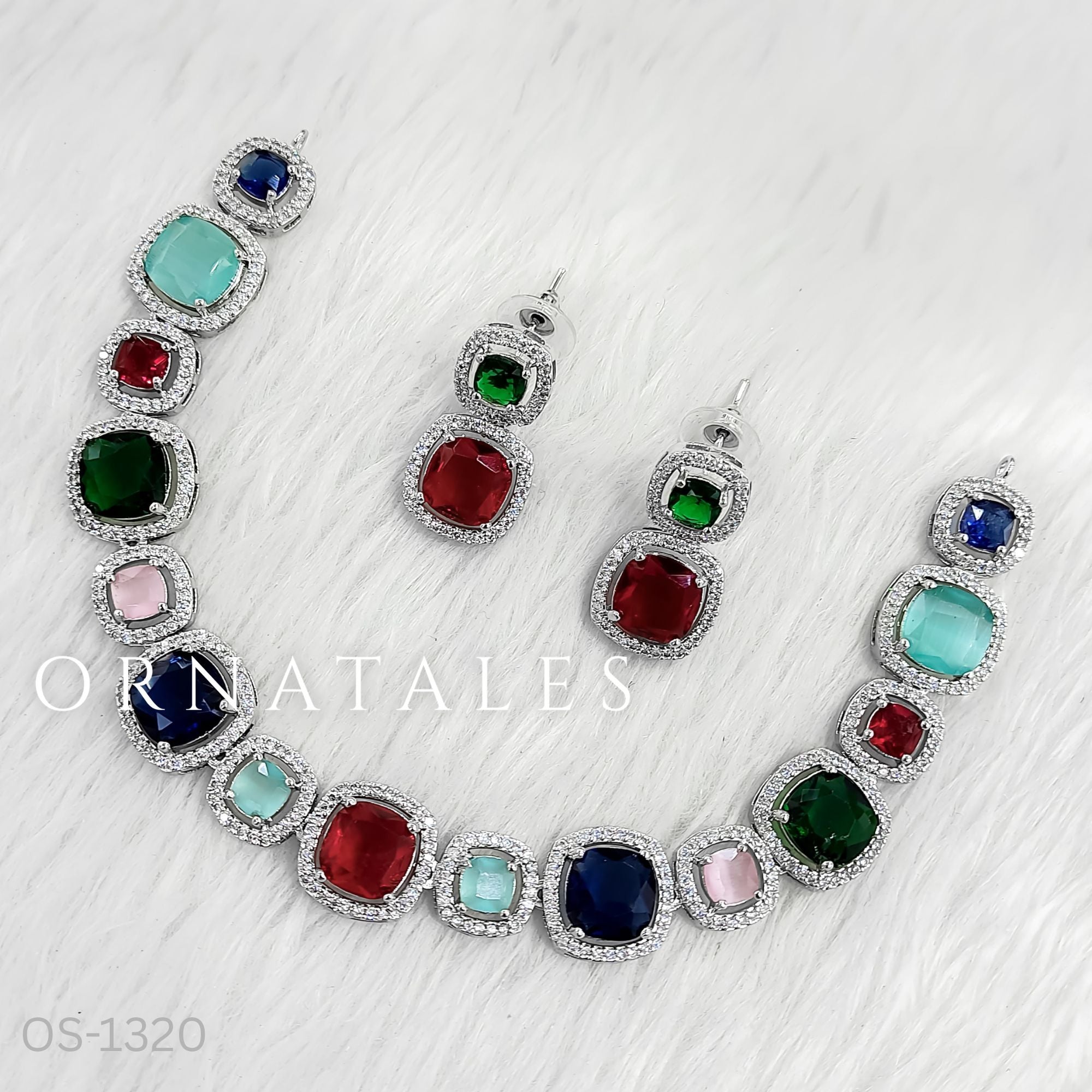 Multicolor Diamond Cut Necklace Set featuring Royal Cushion Glow design with cushion-cut stones and diamond halos – Perfect for Bridal & Festive Look – Ornatales