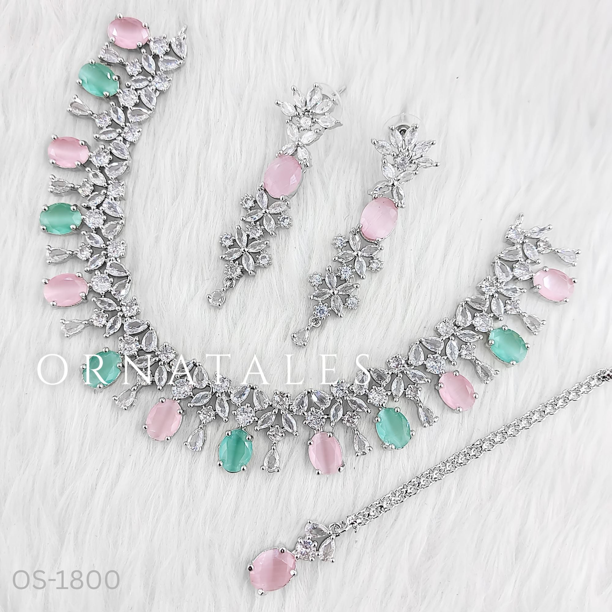 Pink & Mint Diamond Cut Necklace Set featuring Imperial Drop Flora design with floral motifs and teardrop stones – Perfect for Bridal & Festive Look – Ornatales