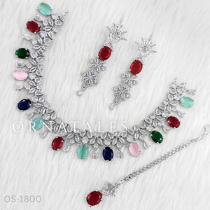 Multicolor Diamond Cut Necklace Set featuring Imperial Drop Flora design with floral motifs and teardrop stones – Perfect for Bridal & Festive Look – Ornatales