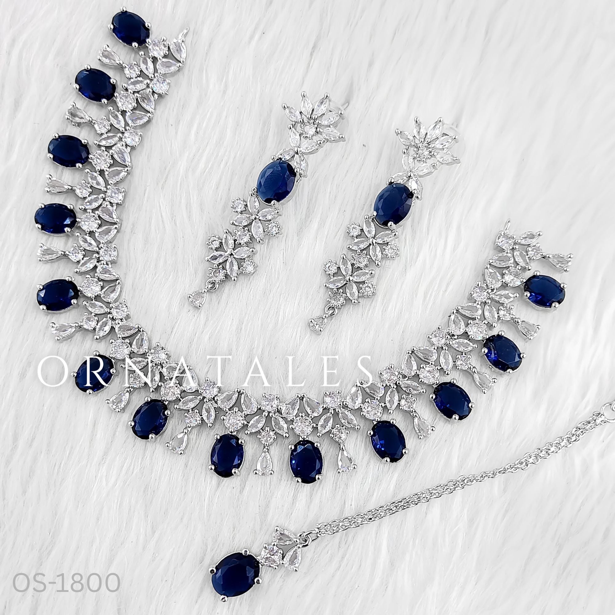Royal Blue Diamond Cut Necklace Set featuring Imperial Drop Flora design with floral motifs and teardrop stones – Perfect for Bridal & Festive Look – Ornatales