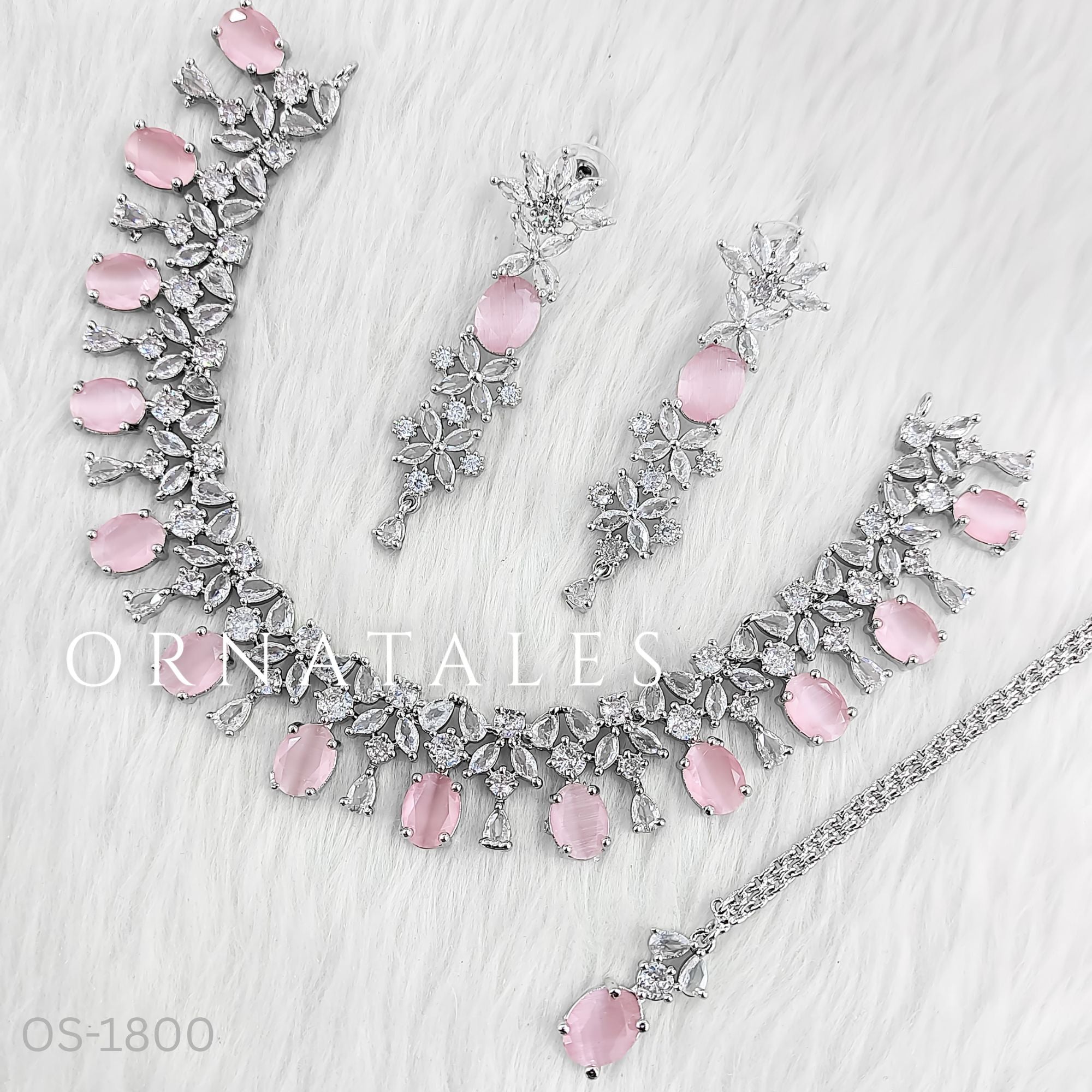 Pink Diamond Cut Necklace Set featuring Imperial Drop Flora design with floral motifs and teardrop stones – Perfect for Bridal & Festive Look – Ornatales