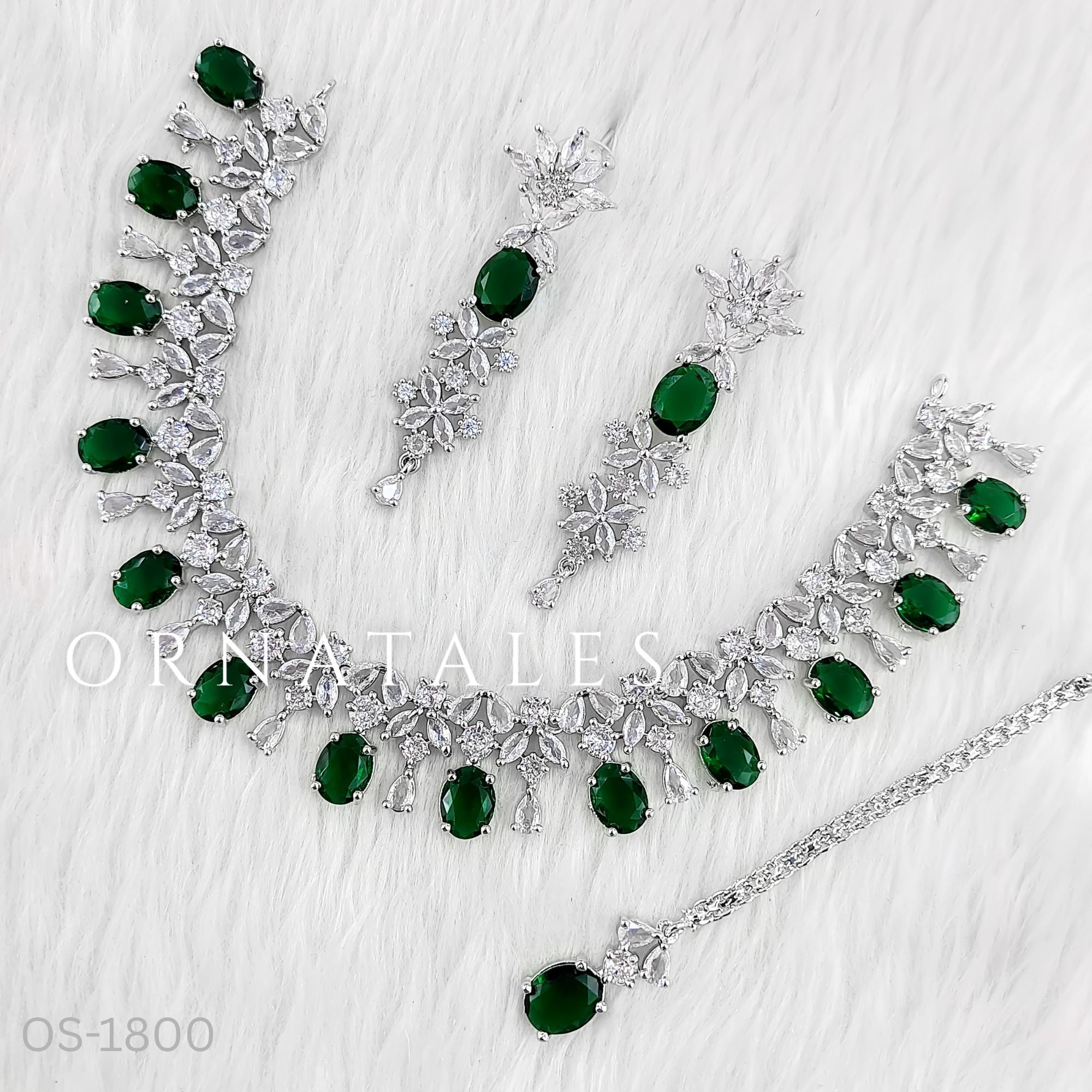 Emerald Green Diamond Cut Necklace Set featuring Imperial Drop Flora design with floral motifs and teardrop stones – Perfect for Bridal & Festive Look – Ornatales